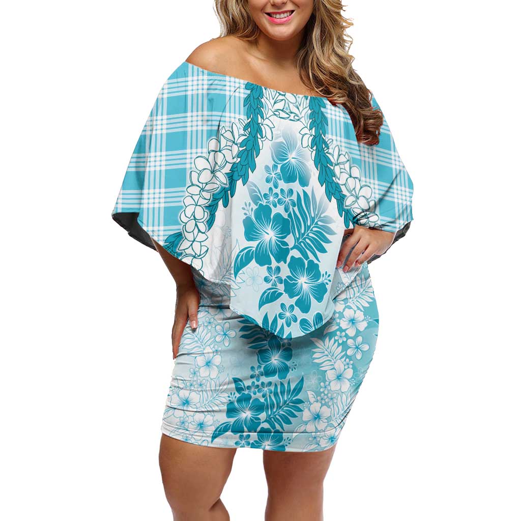 Aloha Hawaii Palaka Off Shoulder Short Dress Blue Plumeria Lei - Polynesian Pride