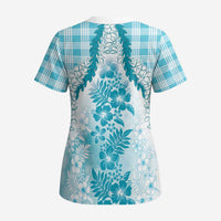 Aloha Hawaii Palaka Scrub Top Blue Plumeria Lei - Polynesian Pride
