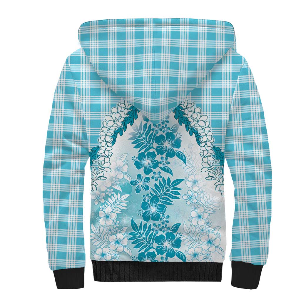 Aloha Hawaii Palaka Sherpa Hoodie Blue Plumeria Lei - Polynesian Pride