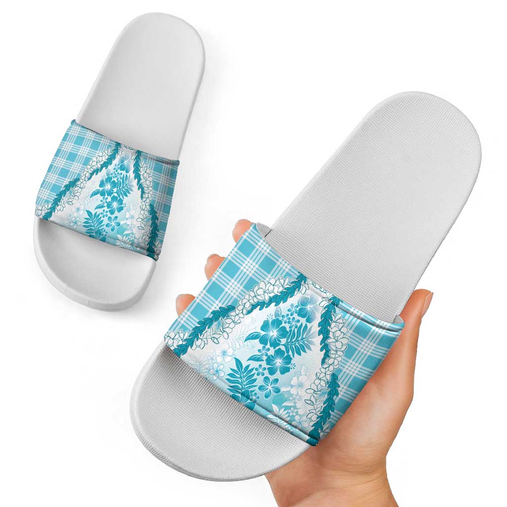 Aloha Hawaii Palaka Slide Sandals Blue Plumeria Lei - Polynesian Pride