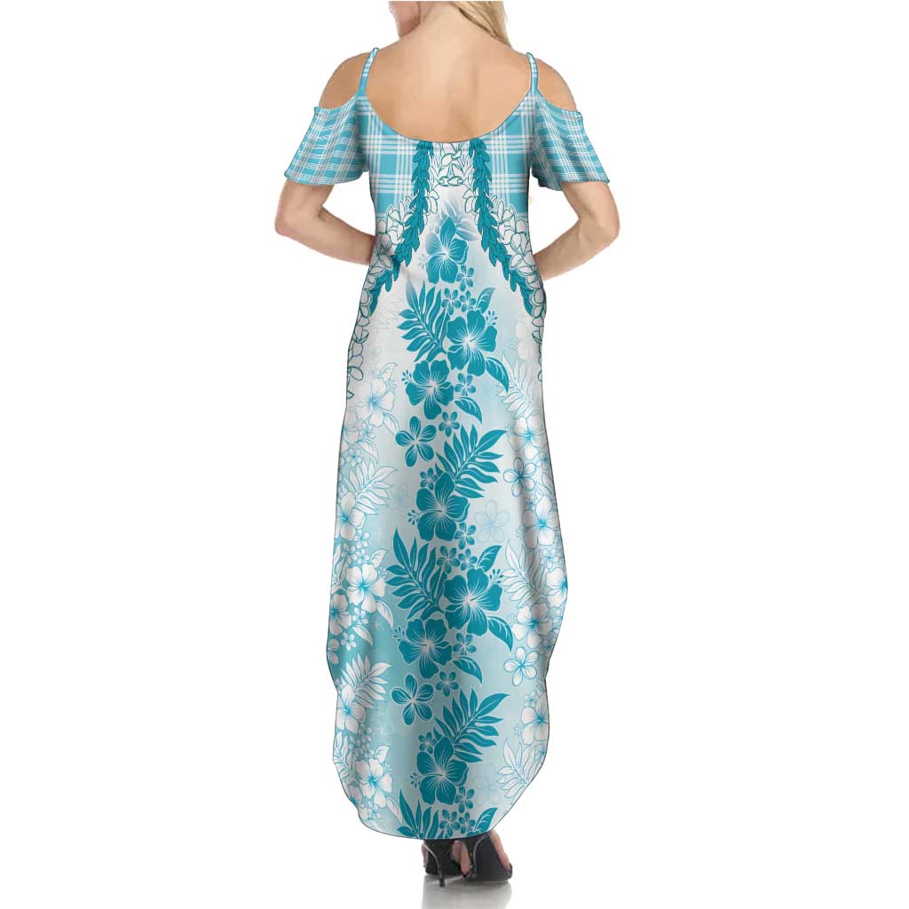 Aloha Hawaii Palaka Summer Maxi Dress Blue Plumeria Lei - Polynesian Pride