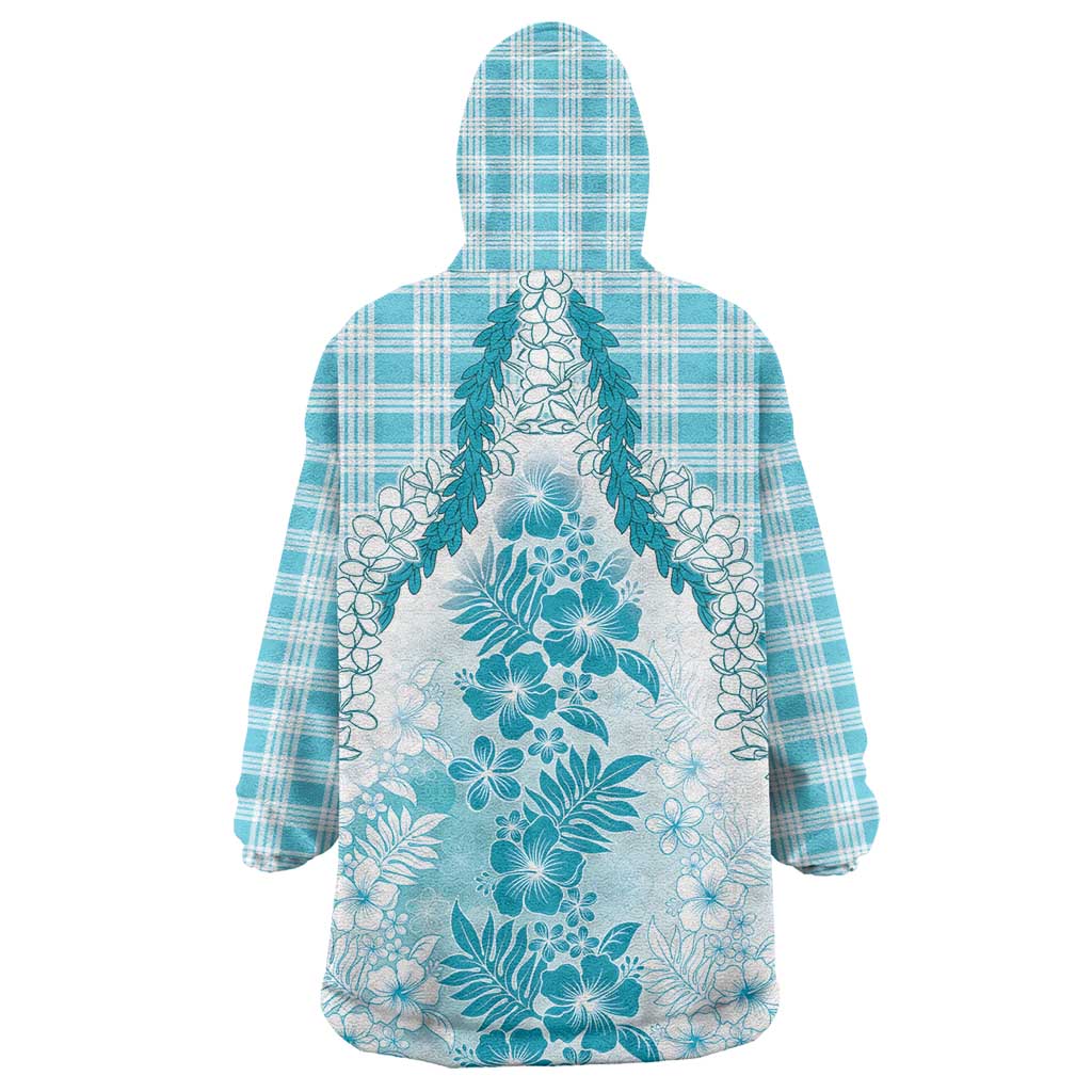 Aloha Hawaii Palaka Wearable Blanket Hoodie Blue Plumeria Lei - Polynesian Pride