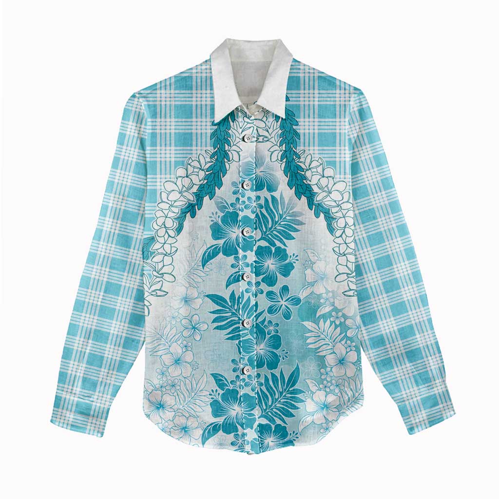 Aloha Hawaii Palaka Women Casual Shirt Blue Plumeria Lei - Polynesian Pride