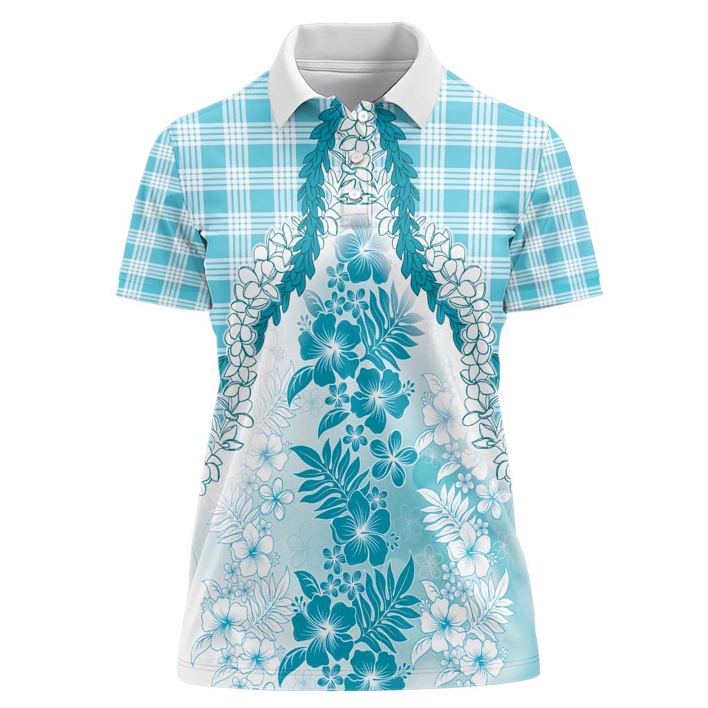 Aloha Hawaii Palaka Women Polo Shirt Blue Plumeria Lei - Polynesian Pride