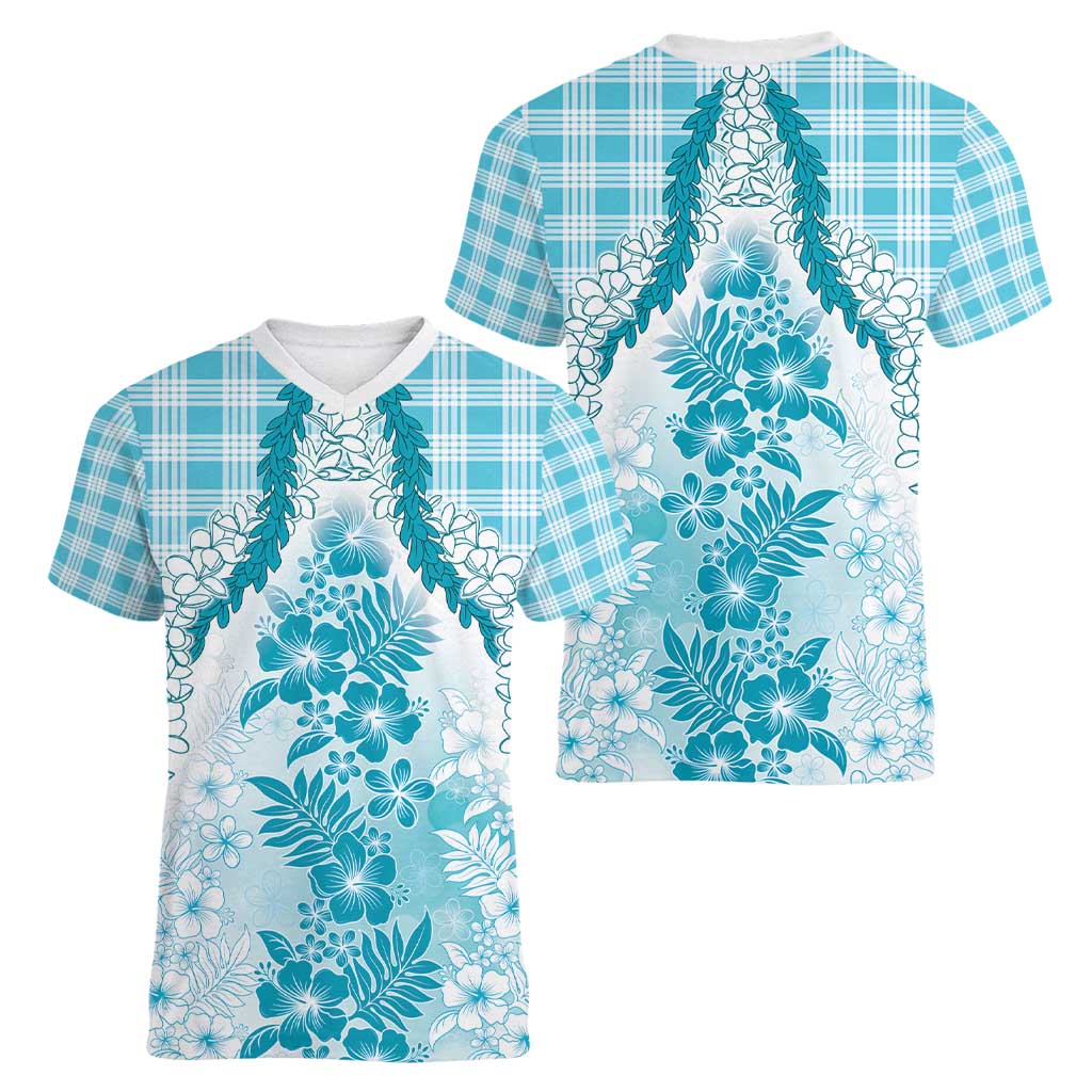 Aloha Hawaii Palaka Women V-Neck T-Shirt Blue Plumeria Lei - Polynesian Pride