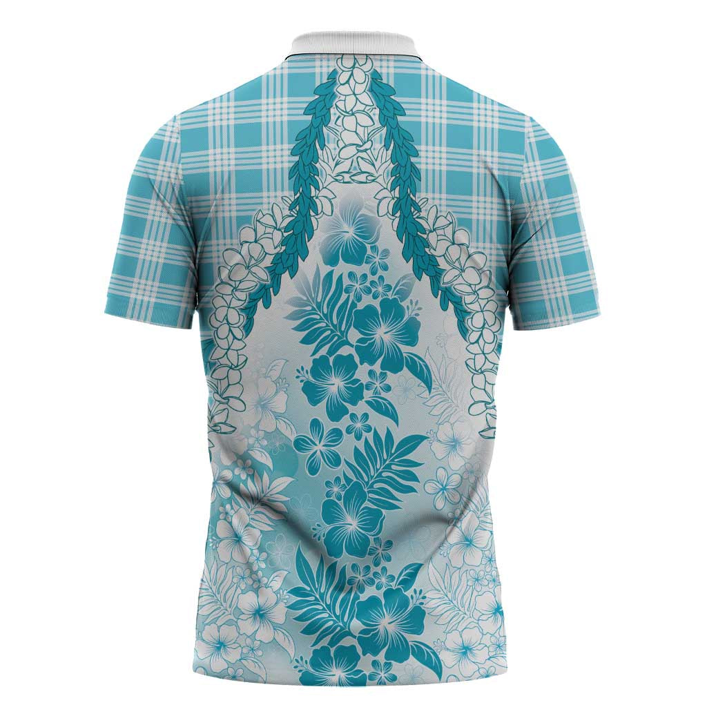 Aloha Hawaii Palaka Zipper Polo Shirt Blue Plumeria Lei - Polynesian Pride