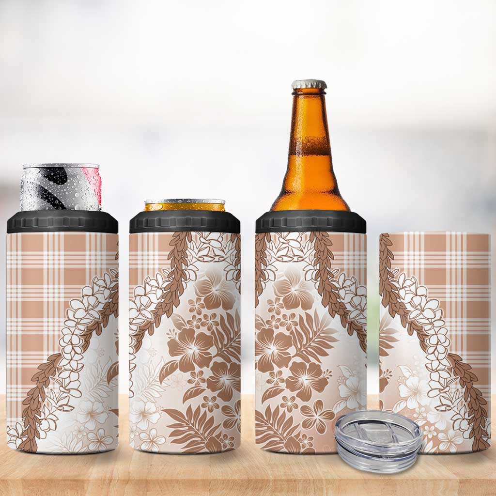 Aloha Hawaii Palaka 4 in 1 Can Cooler Tumbler Beige Plumeria Lei - Polynesian Pride