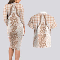 Aloha Hawaii Palaka Couples Matching Long Sleeve Bodycon Dress and Hawaiian Shirt Beige Plumeria Lei - Polynesian Pride