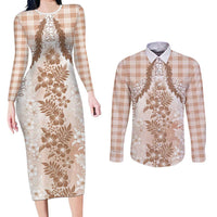 Aloha Hawaii Palaka Couples Matching Long Sleeve Bodycon Dress and Long Sleeve Button Shirt Beige Plumeria Lei - Polynesian Pride