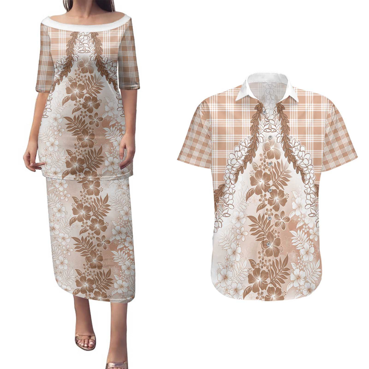 Aloha Hawaii Palaka Couples Matching Puletasi and Hawaiian Shirt Beige Plumeria Lei - Polynesian Pride