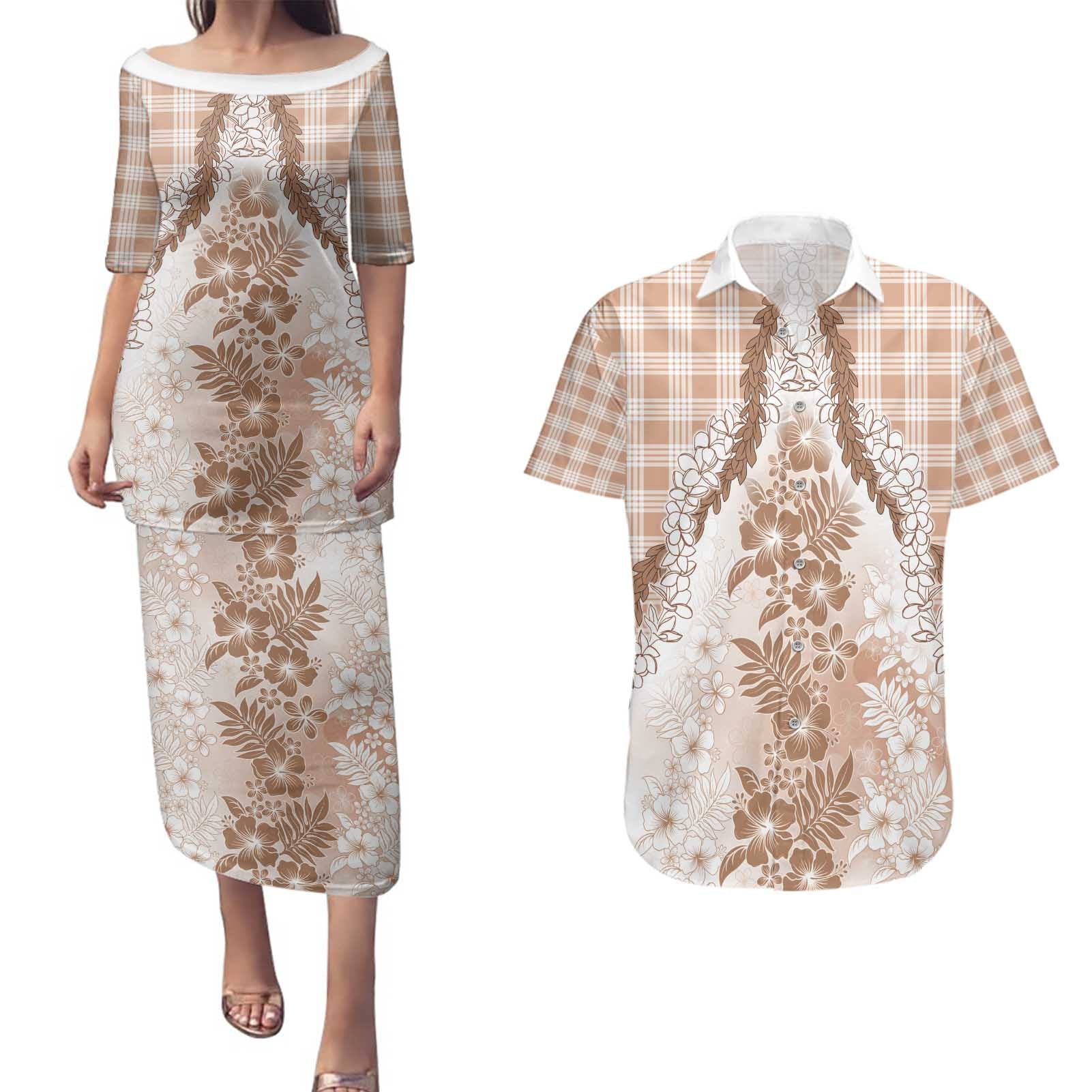 Aloha Hawaii Palaka Couples Matching Puletasi and Hawaiian Shirt Beige Plumeria Lei - Polynesian Pride