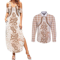 Aloha Hawaii Palaka Couples Matching Summer Maxi Dress and Long Sleeve Button Shirt Beige Plumeria Lei - Polynesian Pride