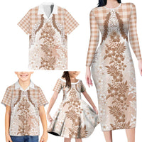 Aloha Hawaii Palaka Family Matching Long Sleeve Bodycon Dress and Hawaiian Shirt Beige Plumeria Lei - Polynesian Pride