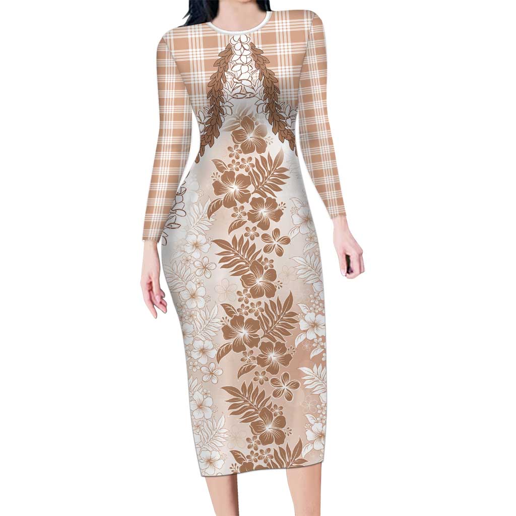 Aloha Hawaii Palaka Family Matching Long Sleeve Bodycon Dress and Hawaiian Shirt Beige Plumeria Lei - Polynesian Pride