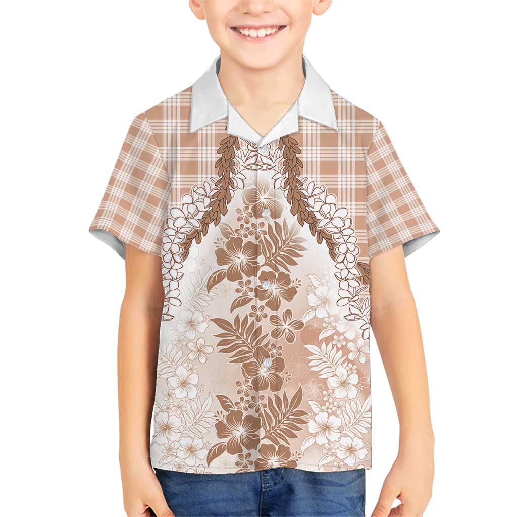 Aloha Hawaii Palaka Family Matching Long Sleeve Bodycon Dress and Hawaiian Shirt Beige Plumeria Lei - Polynesian Pride