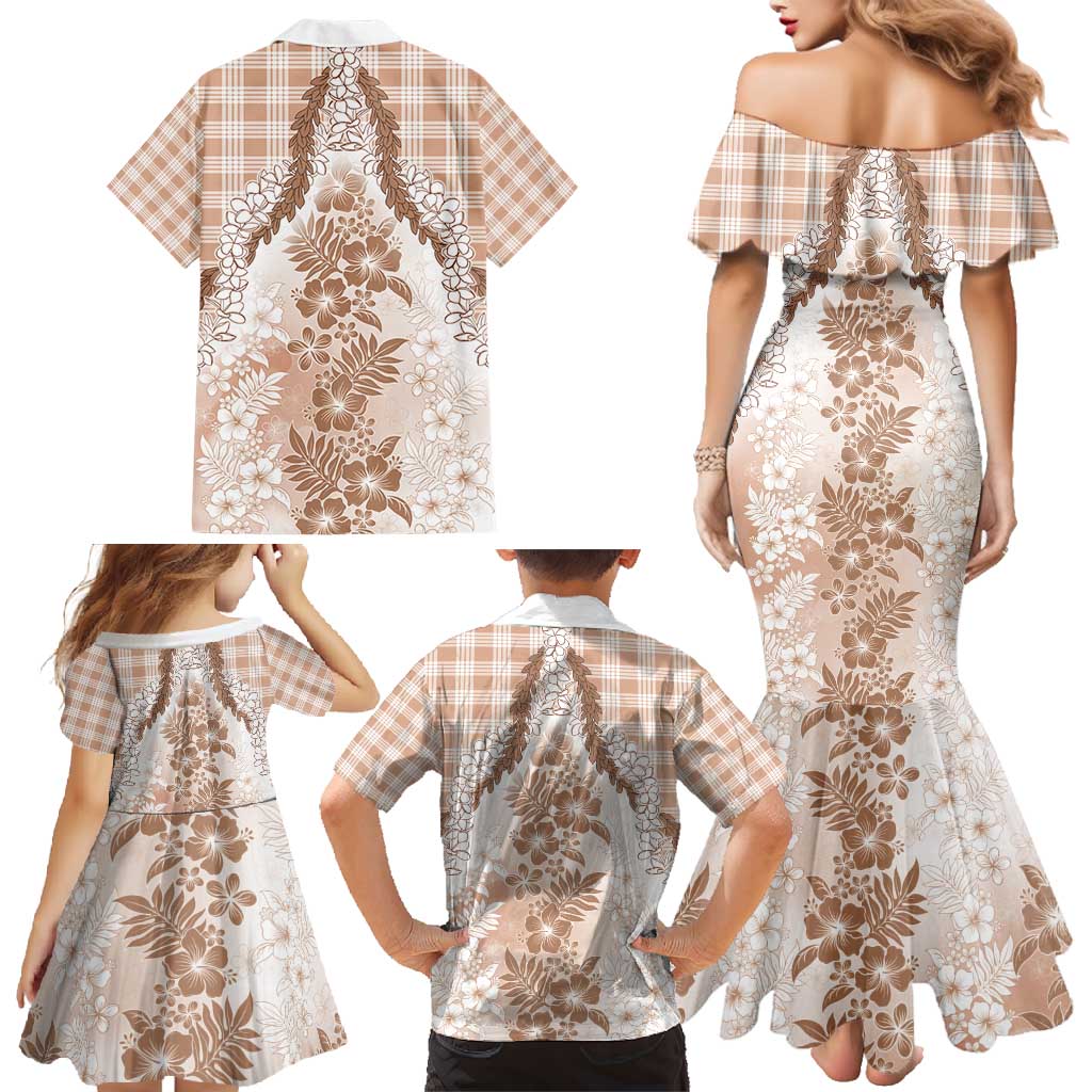 Aloha Hawaii Palaka Family Matching Mermaid Dress and Hawaiian Shirt Beige Plumeria Lei - Polynesian Pride