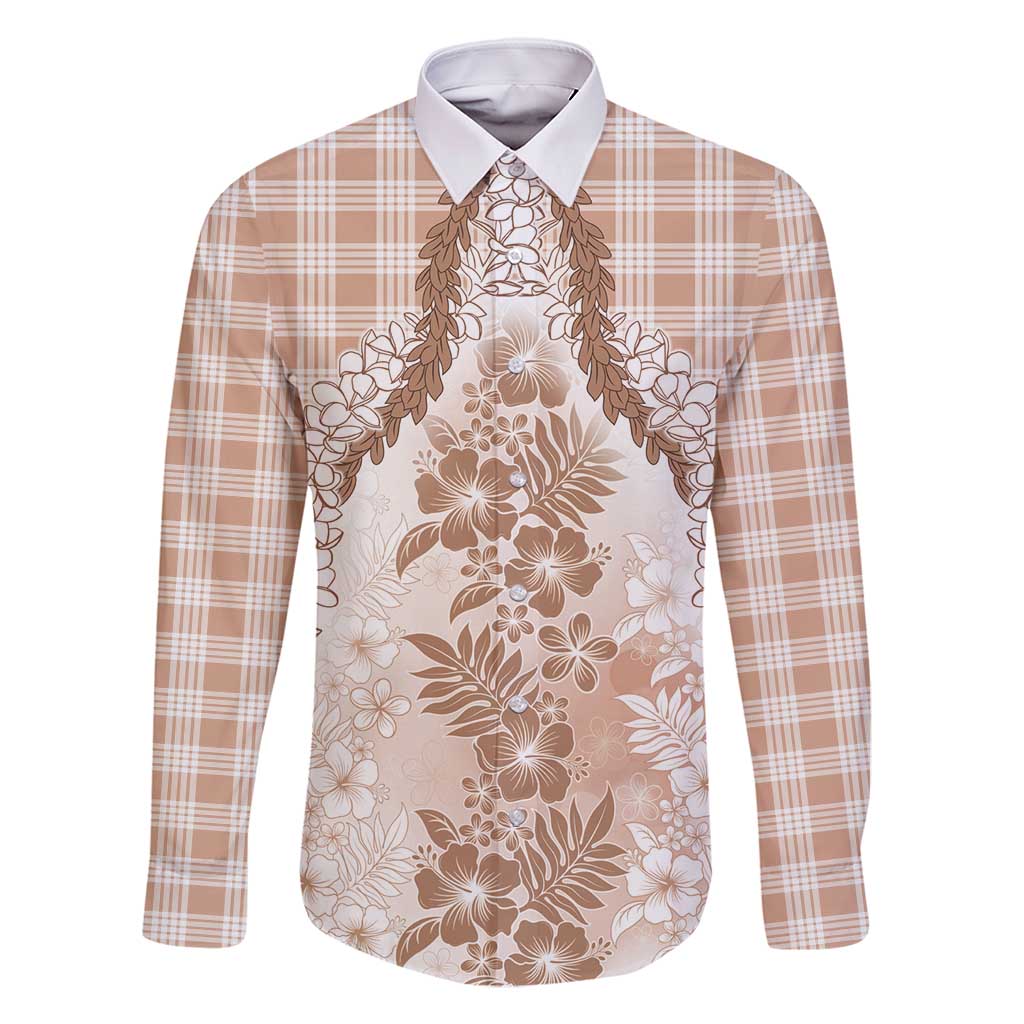 Aloha Hawaii Palaka Family Matching Off Shoulder Short Dress and Hawaiian Shirt Beige Plumeria Lei - Polynesian Pride