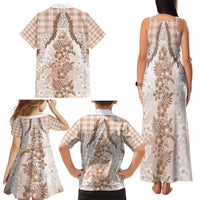 Aloha Hawaii Palaka Family Matching Tank Maxi Dress and Hawaiian Shirt Beige Plumeria Lei - Polynesian Pride