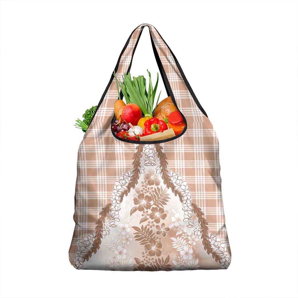 Aloha Hawaii Palaka Grocery Bag Beige Plumeria Lei - Polynesian Pride