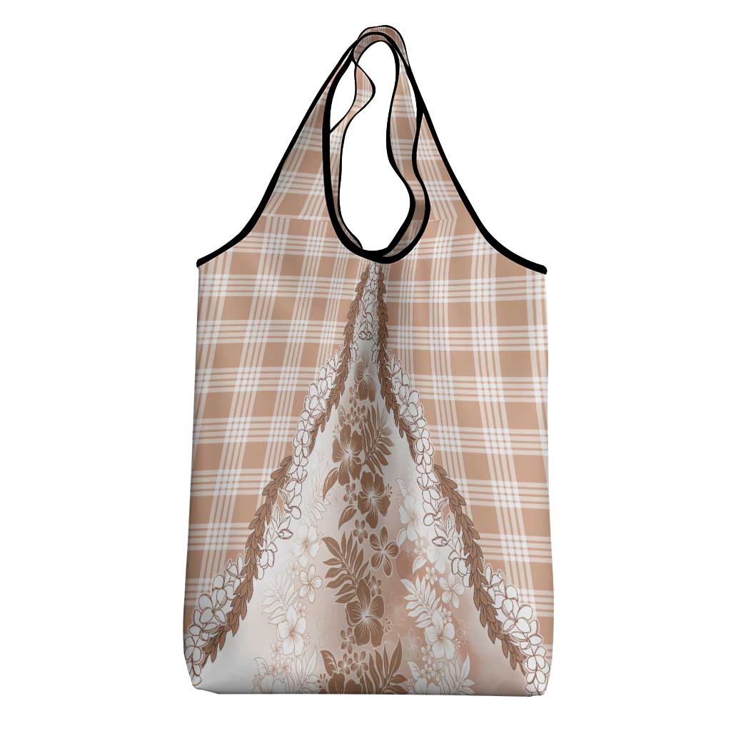 Aloha Hawaii Palaka Grocery Bag Beige Plumeria Lei - Polynesian Pride