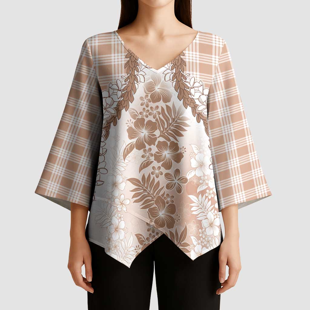 Aloha Hawaii Palaka Kimono Sleeve Blouse Beige Plumeria Lei - Polynesian Pride