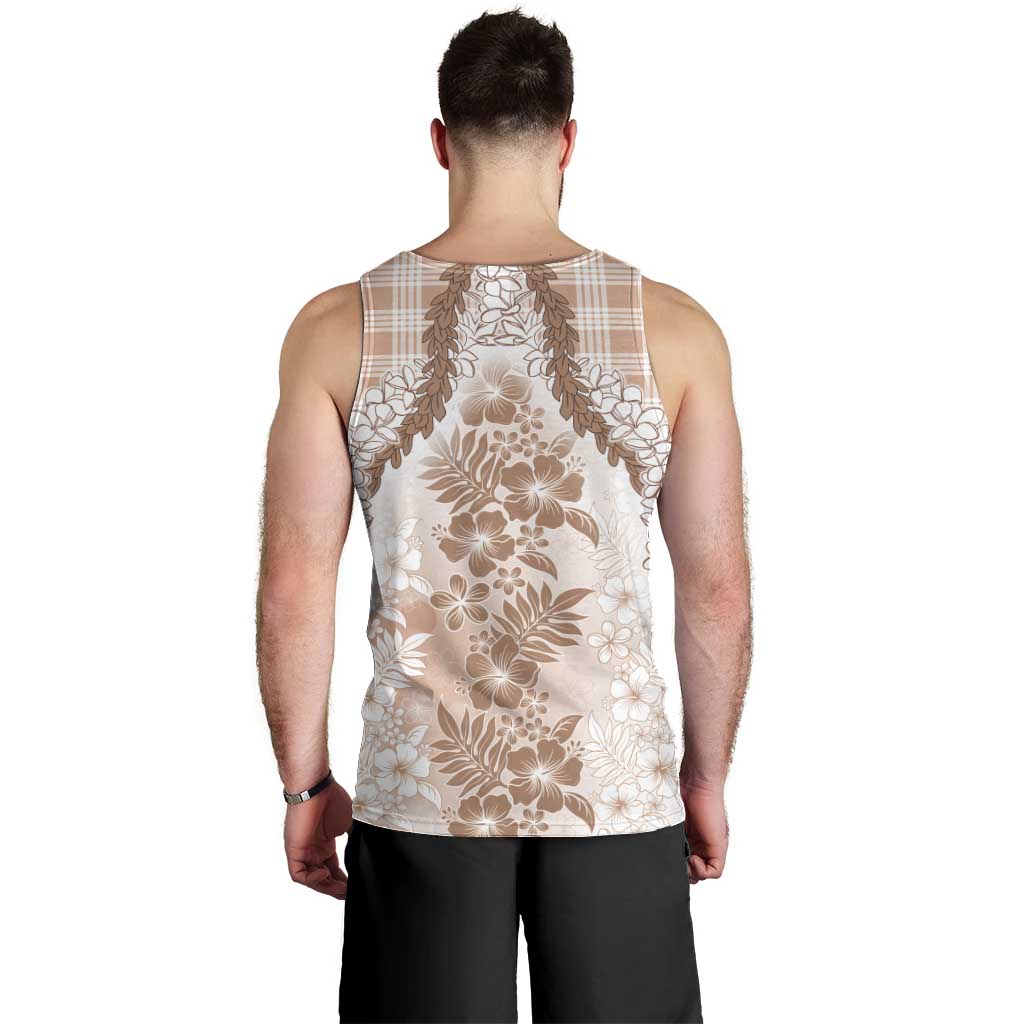 Aloha Hawaii Palaka Men Tank Top Beige Plumeria Lei - Polynesian Pride