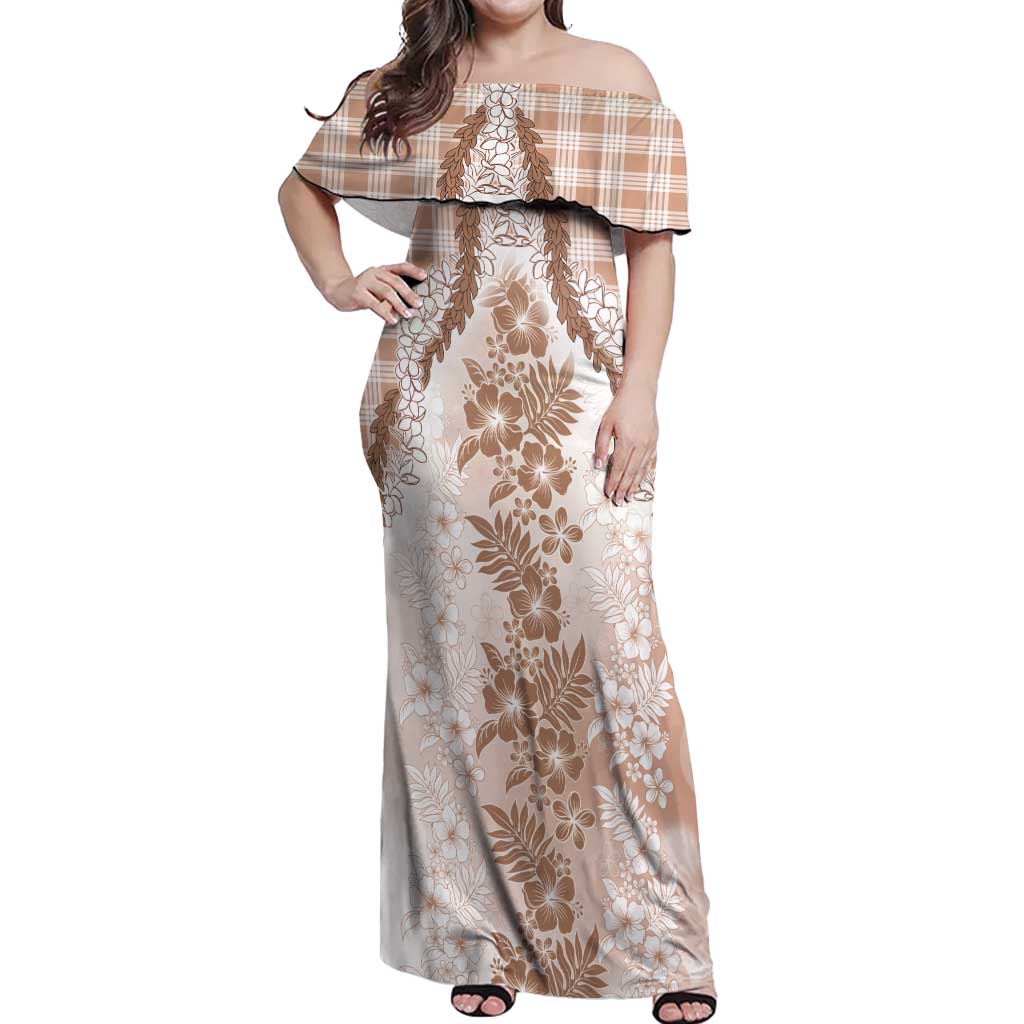 Aloha Hawaii Palaka Off Shoulder Maxi Dress Beige Plumeria Lei - Polynesian Pride