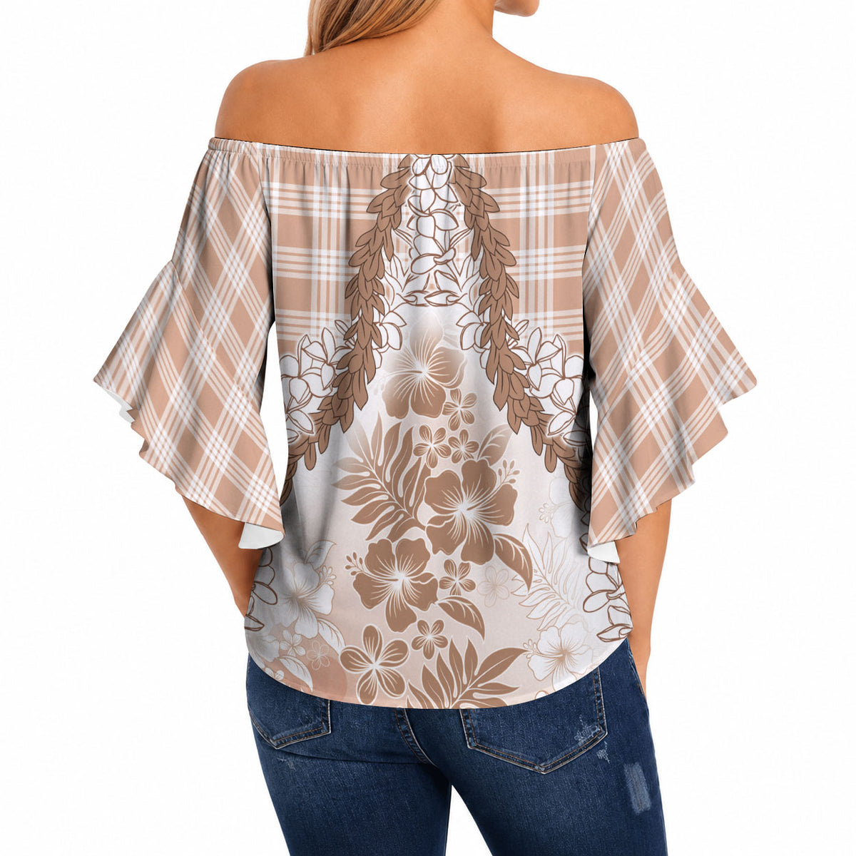 Aloha Hawaii Palaka Off Shoulder Wrap Waist Top Beige Plumeria Lei LT05 - Polynesian Pride