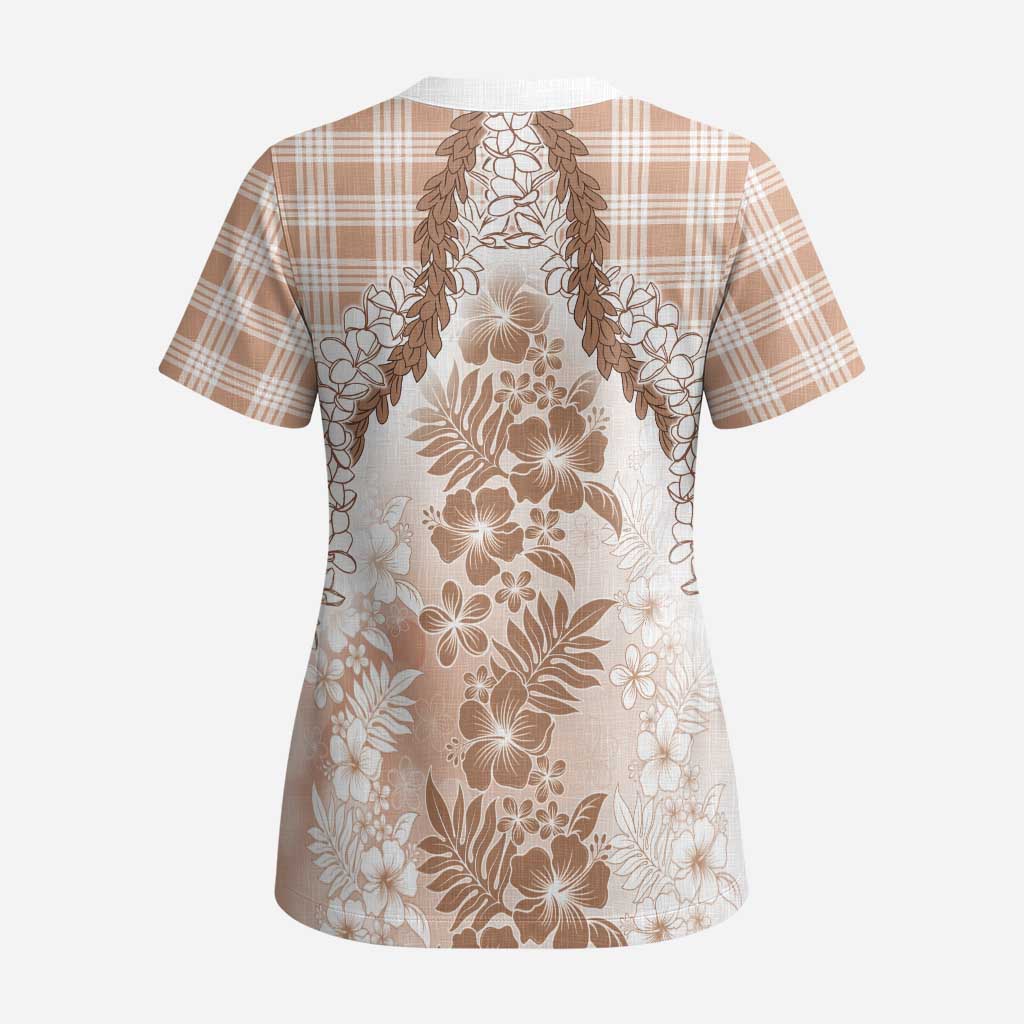 Aloha Hawaii Palaka Scrub Top Beige Plumeria Lei - Polynesian Pride