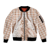Aloha Hawaii Palaka Sleeve Zip Bomber Jacket Beige Plumeria Lei - Polynesian Pride