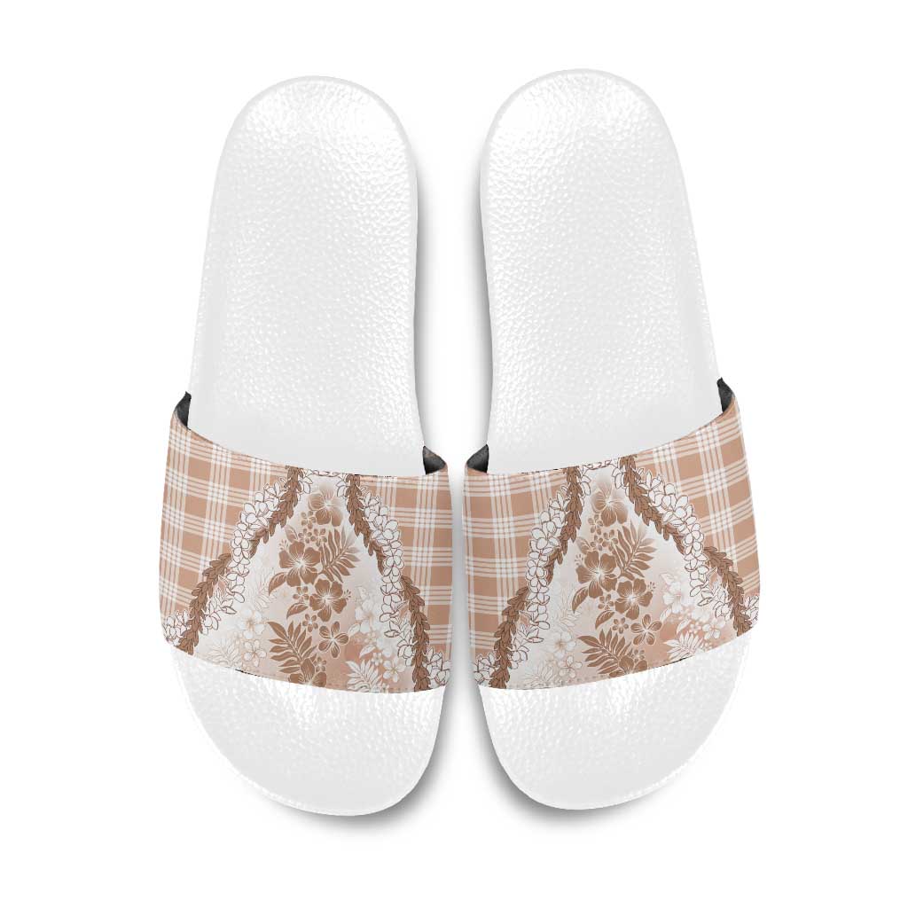 Aloha Hawaii Palaka Slide Sandals Beige Plumeria Lei - Polynesian Pride