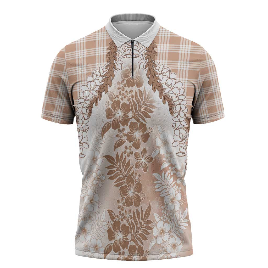 Aloha Hawaii Palaka Zipper Polo Shirt Beige Plumeria Lei - Polynesian Pride