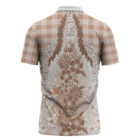 Aloha Hawaii Palaka Zipper Polo Shirt Beige Plumeria Lei - Polynesian Pride