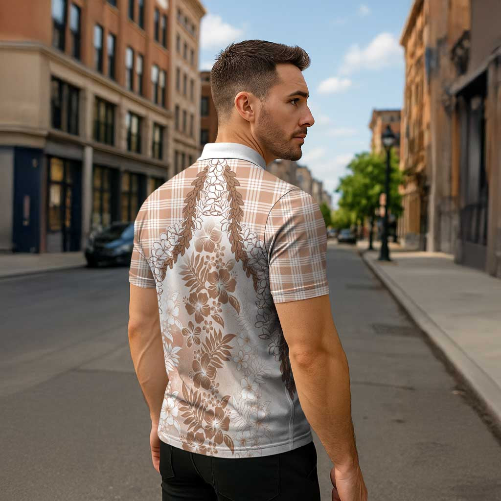 Aloha Hawaii Palaka Zipper Polo Shirt Beige Plumeria Lei - Polynesian Pride