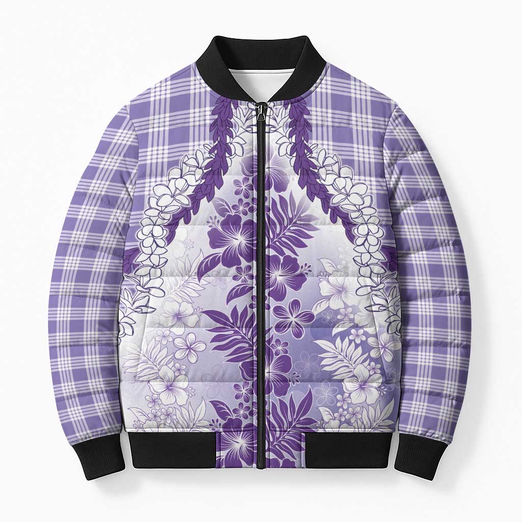Aloha Hawaii Palaka Bomber Puffer Jacket Purple Plumeria Lei - Polynesian Pride