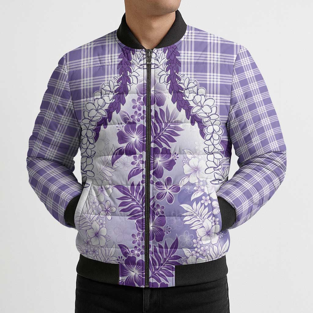 Aloha Hawaii Palaka Bomber Puffer Jacket Purple Plumeria Lei - Polynesian Pride