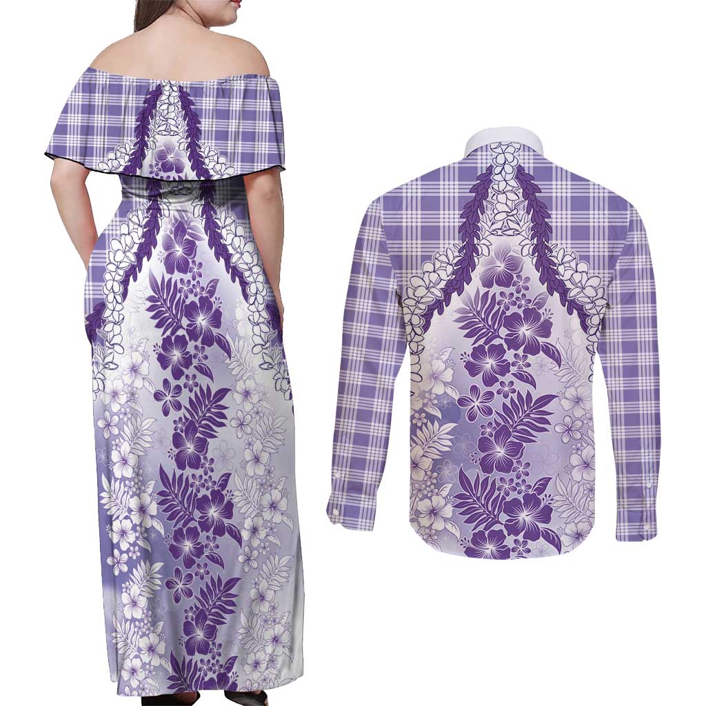 Aloha Hawaii Palaka Couples Matching Off Shoulder Maxi Dress and Long Sleeve Button Shirt Purple Plumeria Lei - Polynesian Pride