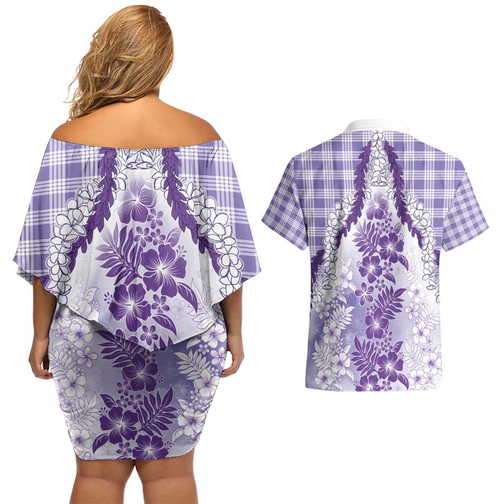 Aloha Hawaii Palaka Couples Matching Off Shoulder Short Dress and Hawaiian Shirt Purple Plumeria Lei - Polynesian Pride