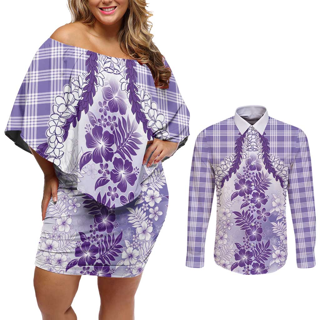 Aloha Hawaii Palaka Couples Matching Off Shoulder Short Dress and Long Sleeve Button Shirt Purple Plumeria Lei - Polynesian Pride