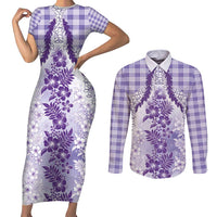 Aloha Hawaii Palaka Couples Matching Short Sleeve Bodycon Dress and Long Sleeve Button Shirt Purple Plumeria Lei - Polynesian Pride