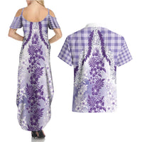 Aloha Hawaii Palaka Couples Matching Summer Maxi Dress and Hawaiian Shirt Purple Plumeria Lei - Polynesian Pride