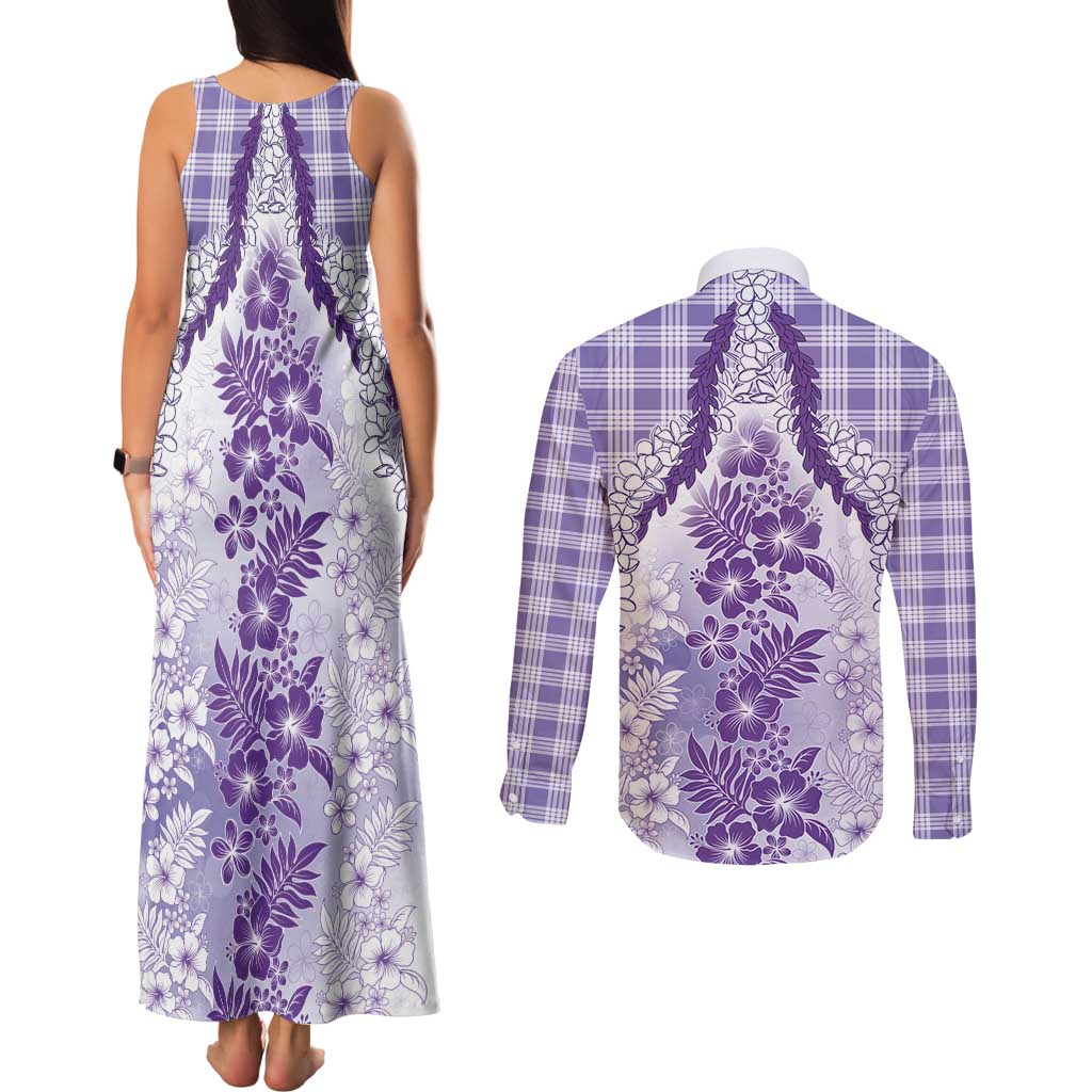 Aloha Hawaii Palaka Couples Matching Tank Maxi Dress and Long Sleeve Button Shirt Purple Plumeria Lei - Polynesian Pride