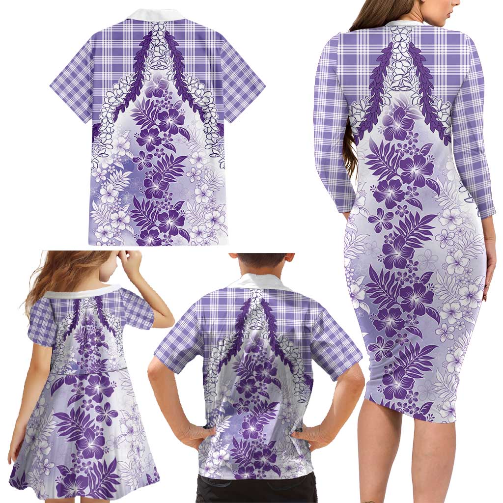 Aloha Hawaii Palaka Family Matching Long Sleeve Bodycon Dress and Hawaiian Shirt Purple Plumeria Lei - Polynesian Pride