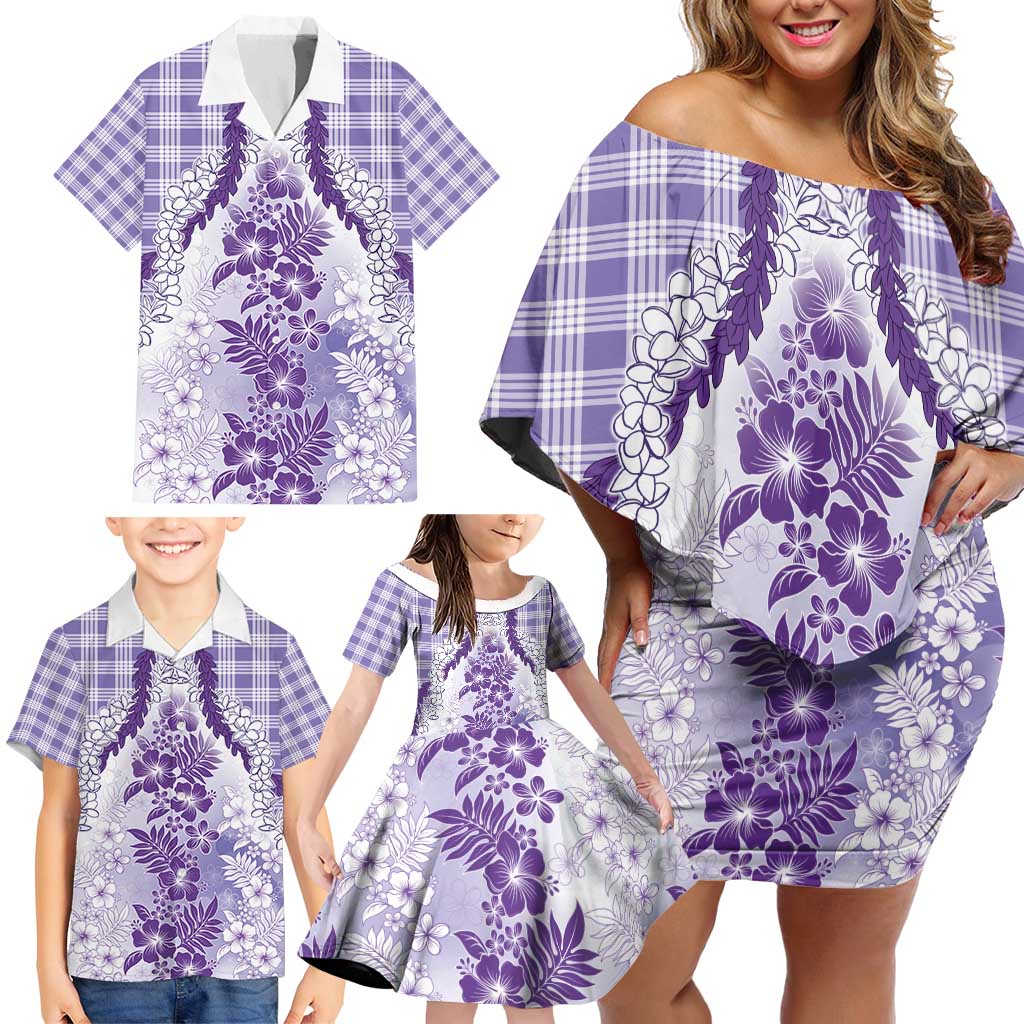 Aloha Hawaii Palaka Family Matching Off Shoulder Short Dress and Hawaiian Shirt Purple Plumeria Lei - Polynesian Pride