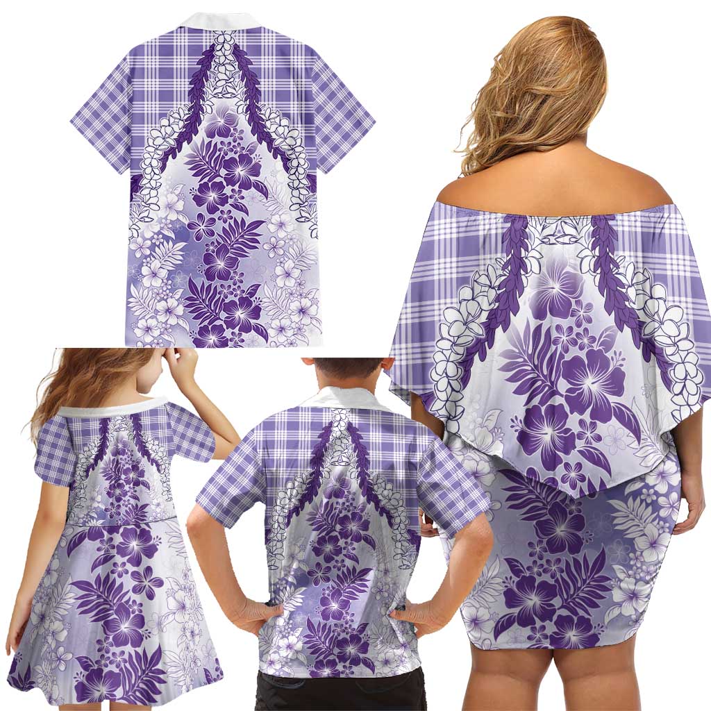 Aloha Hawaii Palaka Family Matching Off Shoulder Short Dress and Hawaiian Shirt Purple Plumeria Lei - Polynesian Pride