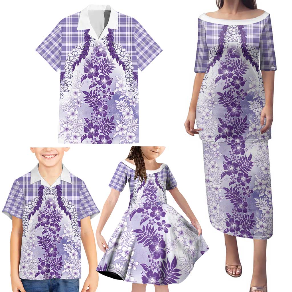 Aloha Hawaii Palaka Family Matching Puletasi and Hawaiian Shirt Purple Plumeria Lei - Polynesian Pride