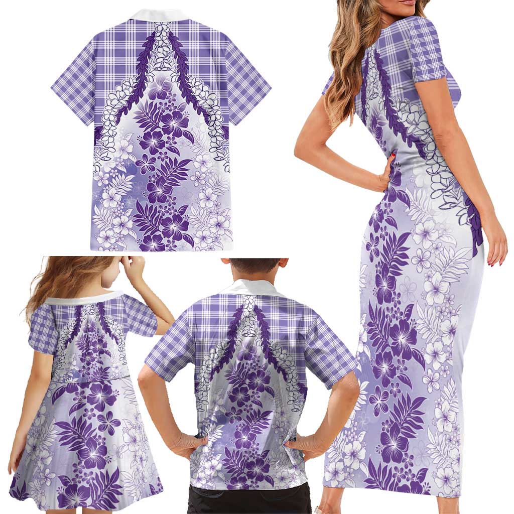 Aloha Hawaii Palaka Family Matching Short Sleeve Bodycon Dress and Hawaiian Shirt Purple Plumeria Lei - Polynesian Pride
