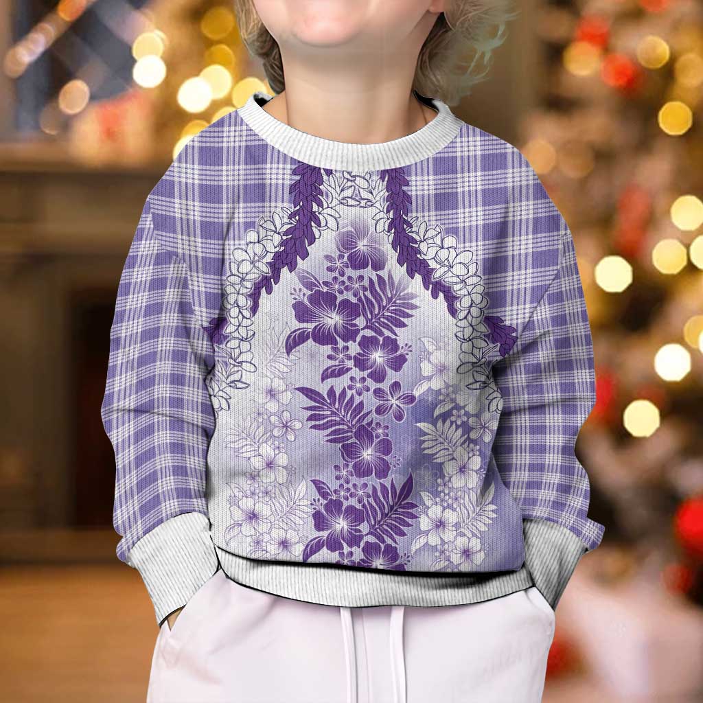 Aloha Hawaii Palaka Kid Ugly Christmas Sweater Purple Plumeria Lei - Polynesian Pride