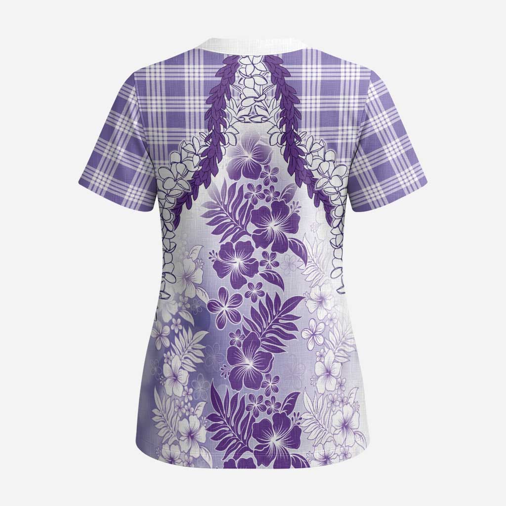 Aloha Hawaii Palaka Scrub Top Purple Plumeria Lei - Polynesian Pride