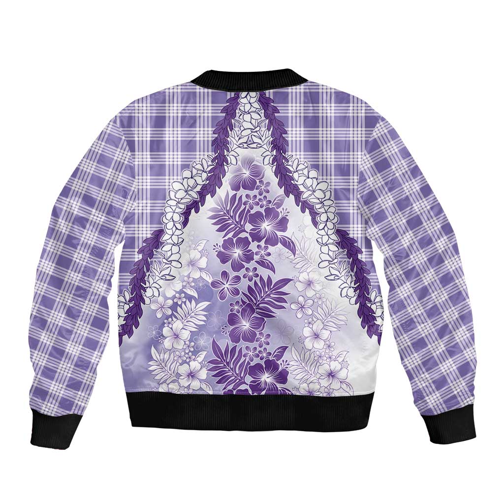 Aloha Hawaii Palaka Sleeve Zip Bomber Jacket Purple Plumeria Lei - Polynesian Pride